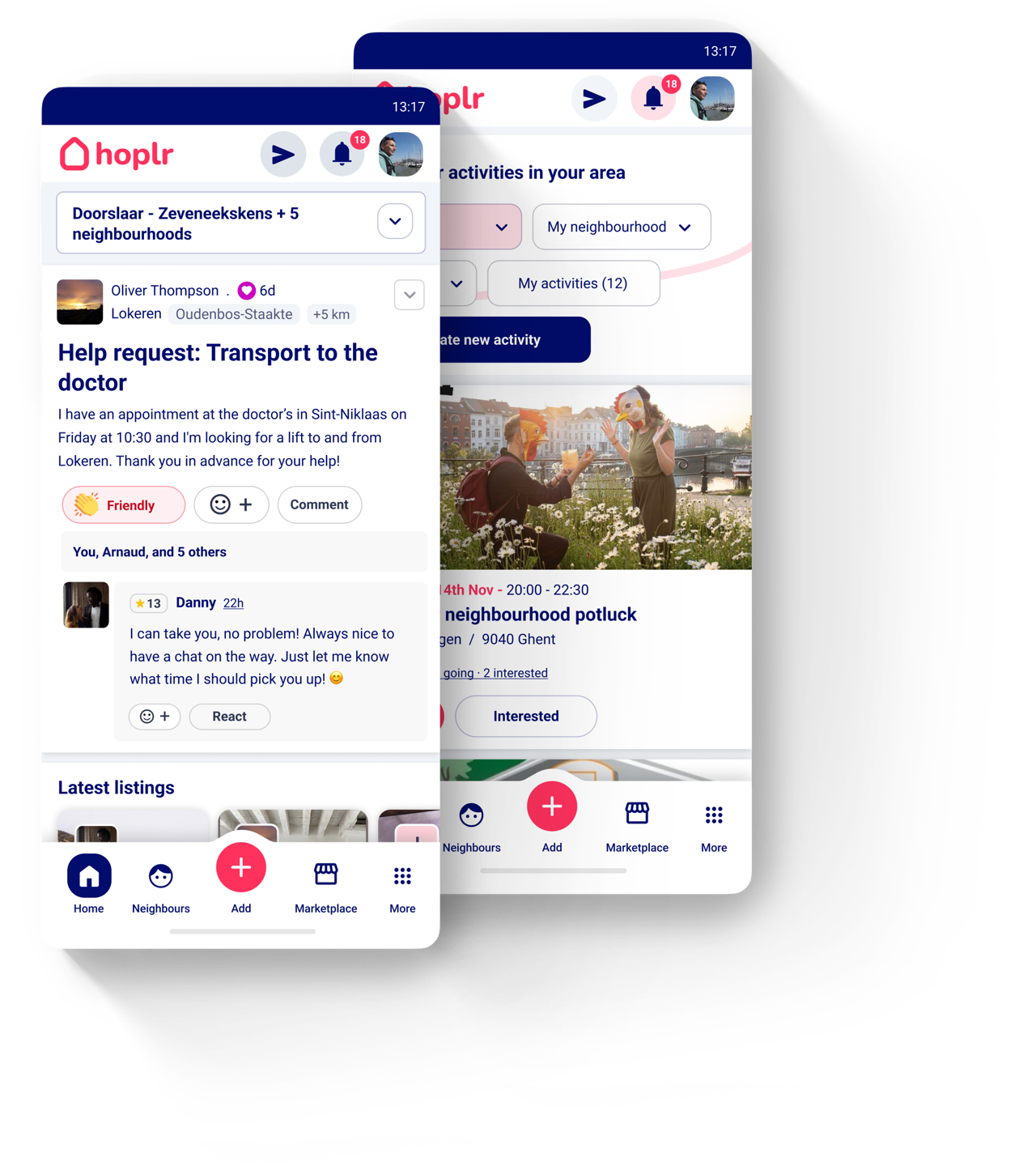 Två skärmbilder från Hoplr-appen: en förfrågan om hjälp med svar från grannar och en lista över lokala aktiviteter