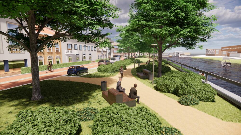 Gestaltningsbild av ett grönt promenadstråk längs Oostelijke Kanaalarm i Terneuzen