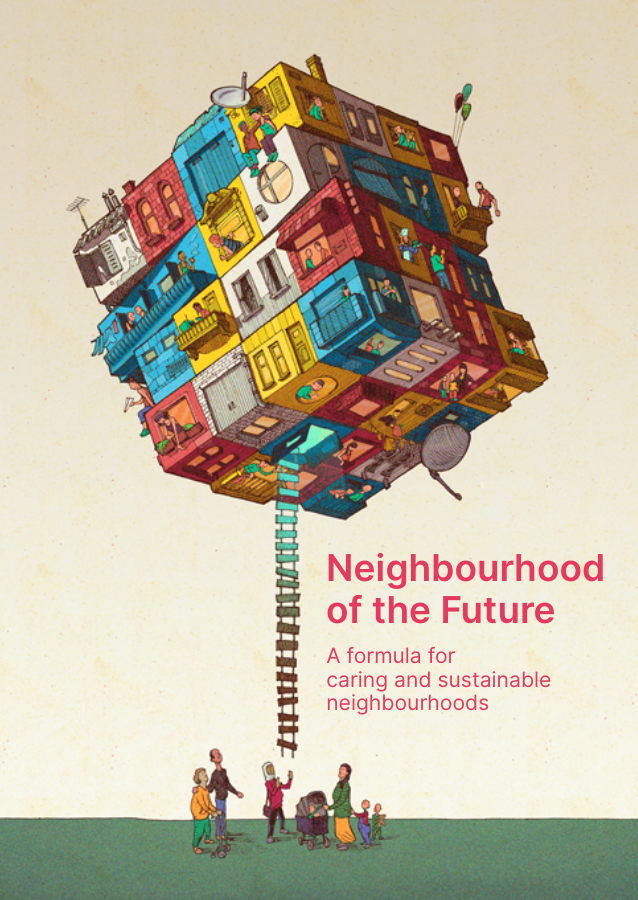 Cover von Neighbourhood of the Future: eine bunte schwebende Nachbarschaft, verbunden mit den Menschen darunter