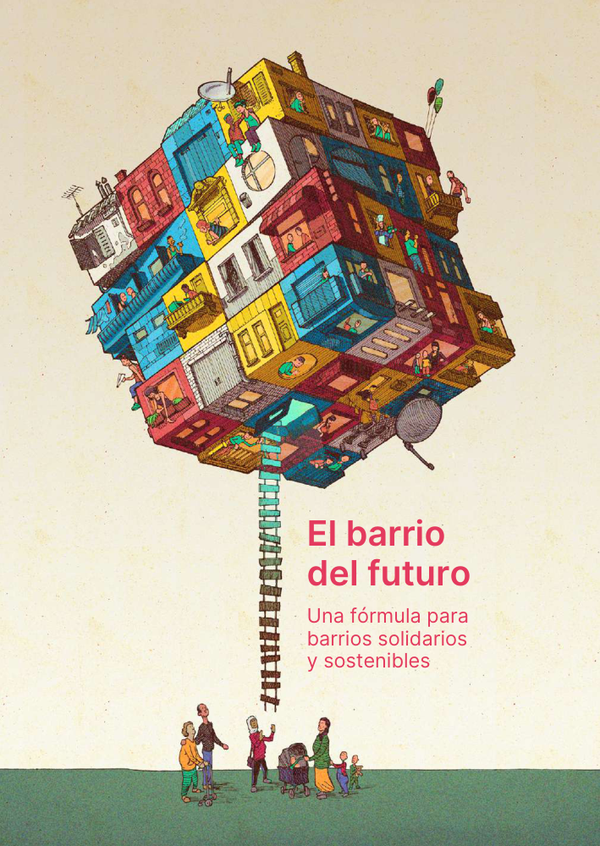 Portada de El barrio del futuro: un barrio flotante de colores conectado con las personas situadas debajo