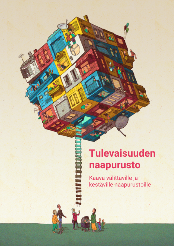 Neighbourhood of the Future -oppaan kansi: värikäs, ilmassa leijuva naapurusto, joka yhdistyy alapuolella oleviin ihmisiin